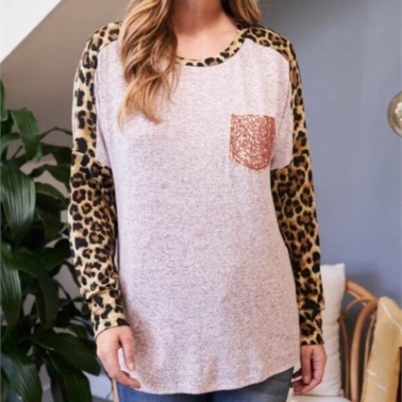 LEOPARD SLEEVE AND NECK BAND SEQUINS POCKET TOP - Picture 5 of 5